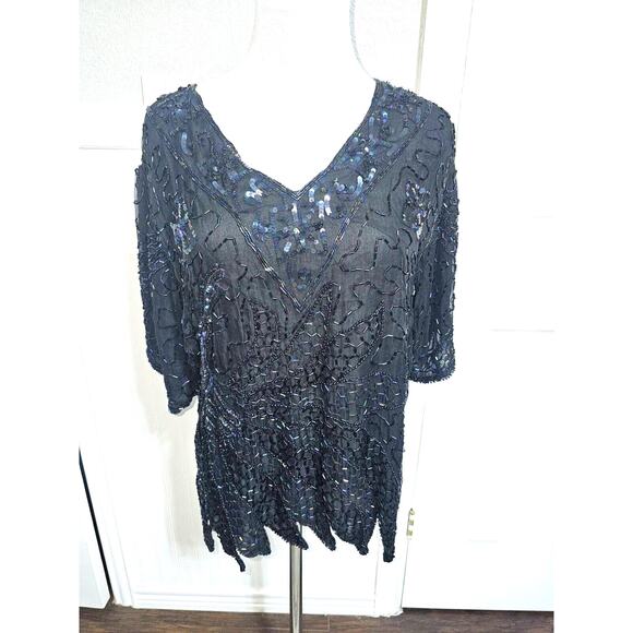 MARK & JOHN BY GOPAL Women Top Size Medium Black w/Beads & Sequins Silk 100% - Picture 1 of 8
